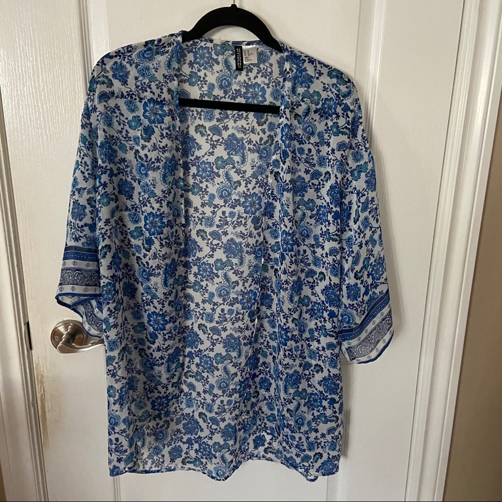 Long blue and white sheer Kimono